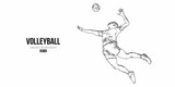Abstract silhouette of a volleyball player on white background. Volleyball player man hits the ball. Vector illustration