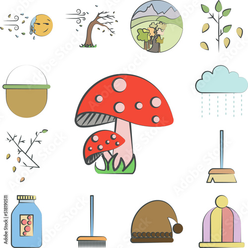 Red mushroom colored hand drawn icon in a collection with other items