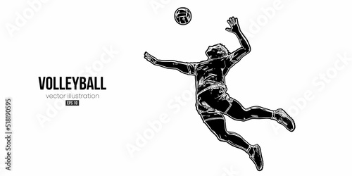 Abstract silhouette of a volleyball player on white background. Volleyball player man hits the ball. Vector illustration