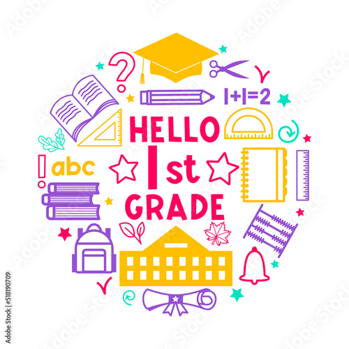 Hello 1st grade. Back to school. Vector flat illustration for design. Bright school print. Educational doodle composition in a circle with school supplies.