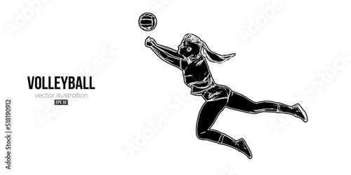 Abstract silhouette of a volleyball player on white background. Volleyball player woman hits the ball. Vector illustration