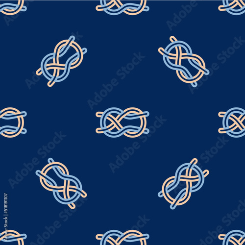 Line Nautical rope knots icon isolated seamless pattern on blue background. Rope tied in a knot. Vector