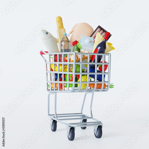 Supermarket trolley cart with fresh products and red handle. Realistic grocery cart 3d render illustration. Shopping cart full of food on black and white background. Grocery and food store concept.