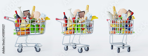 Foto Set of shopping cart full of food on white background