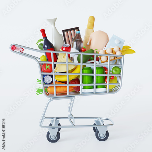Shopping cart full of food isolated on white background. Grocery and food store concept. Supermarket trolley cart with fresh products and red handle. Realistic grocery cart 3d render illustration.