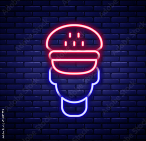Glowing neon line Taxi driver icon isolated on brick wall background. Colorful outline concept. Vector