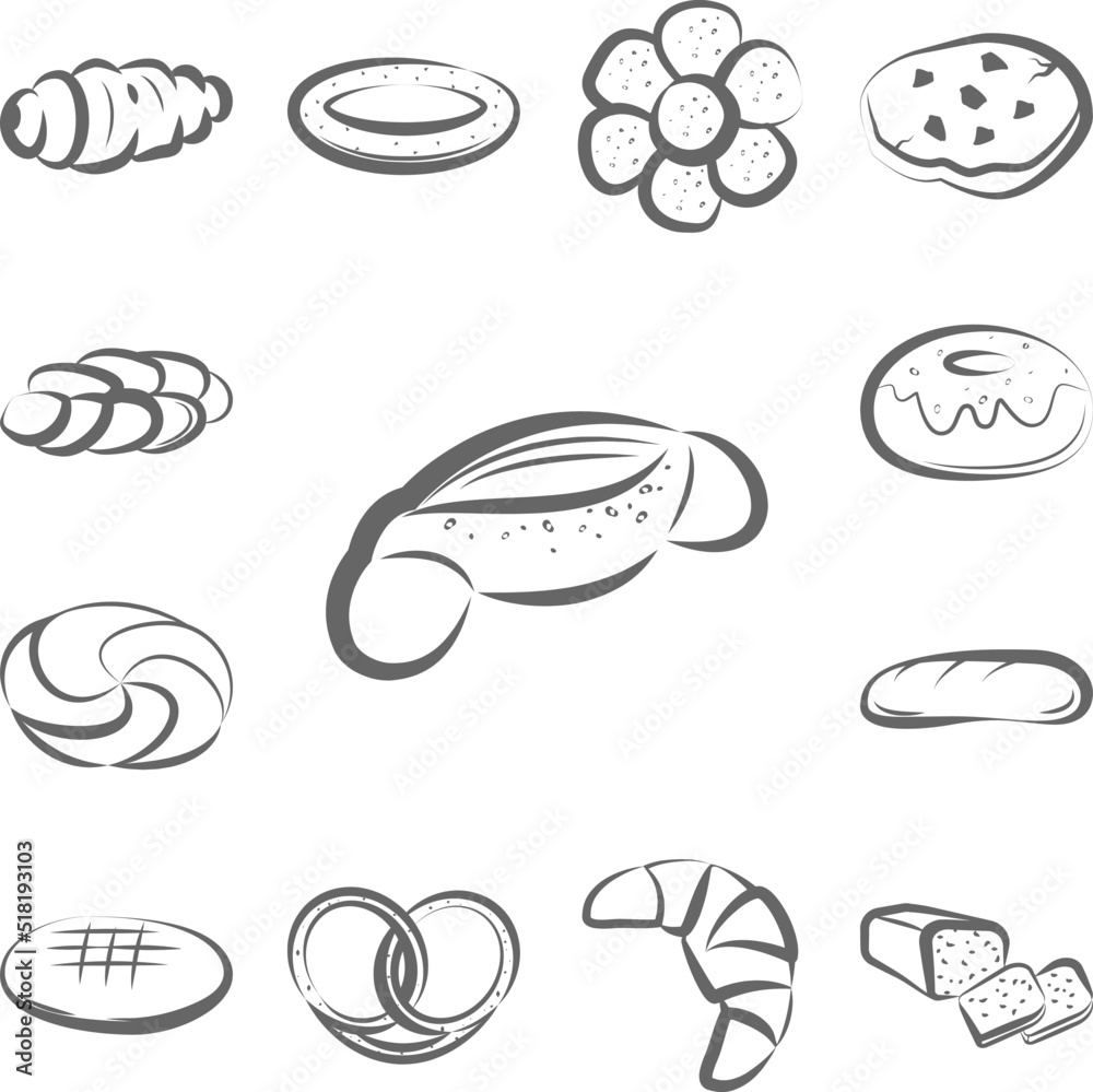Croissant, bread hand drawn icon in a collection with other items