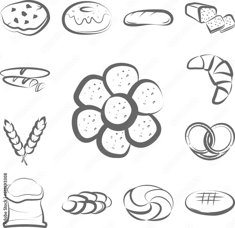 Rolls, bread hand drawn icon in a collection with other items