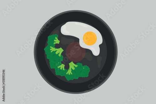 fried eggs with broccoli in a pan