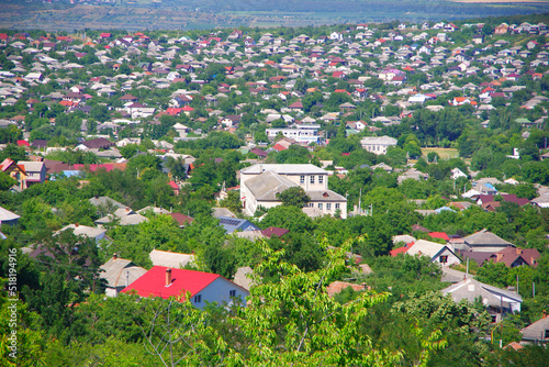 Moldova, Trusheni. Suburb of Chisinau. View of a beautifully located village in the hills on a bright sunny summer day.