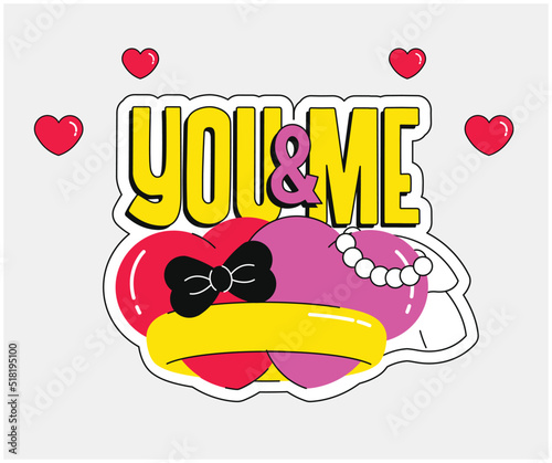 Flat Wedding Sticker. You and Me. Groom. Bride. Wedding Ring. Hearts.