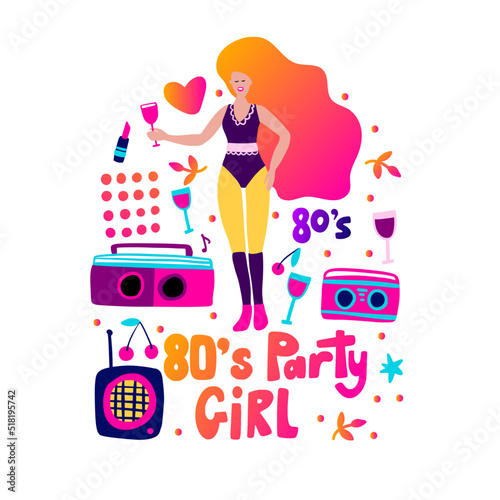 80's retro music party poster funky vector fashion girl card for print