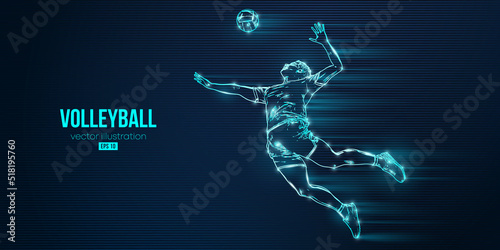 Abstract silhouette of a volleyball player on blue background. Volleyball player man hits the ball. Vector illustration