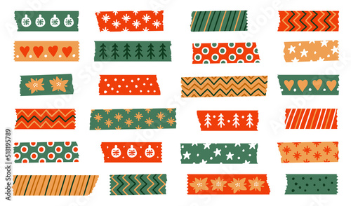 Christmas Washi tapes. Vector set with winter elements. Masking tape or adhesive strips for frames, scrapbooking, borders, web graphics, crafts, stickers. Vector set of colored scotch lines