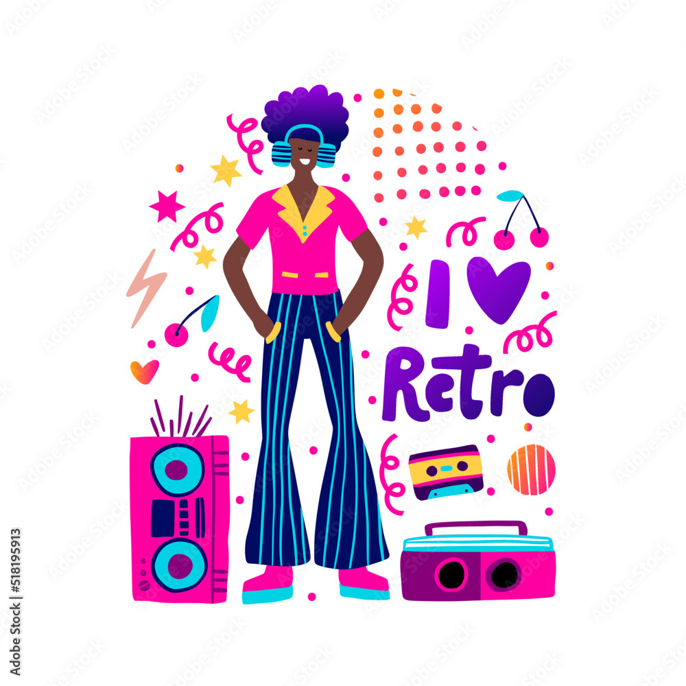 80's retro music party poster funky vector fashion african American boy card for print 80's retro music party poster funky vector fashion african American boy card for print