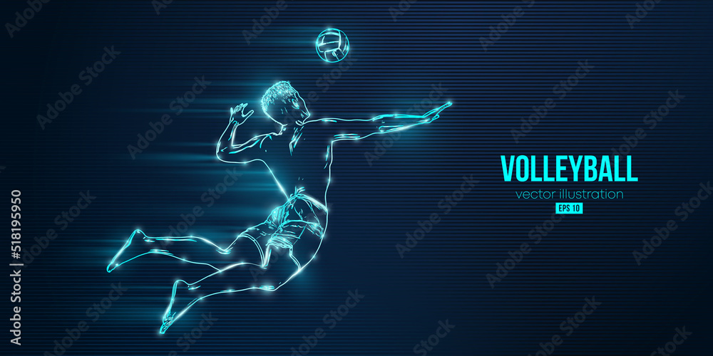 Abstract silhouette of a volleyball player on blue background. Volleyball player man hits the ball. Vector illustration
