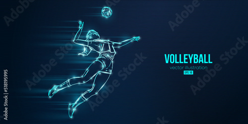 Abstract silhouette of a volleyball player on blue background. Volleyball player woman hits the ball. Vector illustration