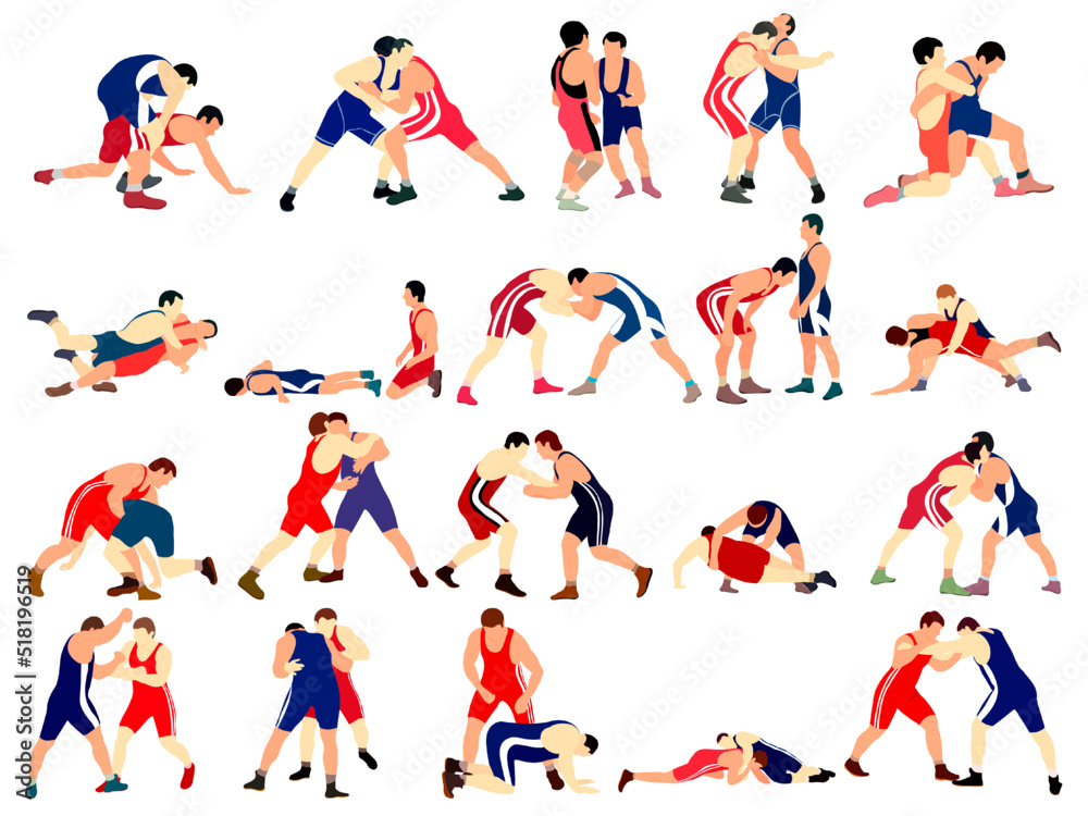 A set of athletes wrestlers in the fight, duel, fight. Greco Roman, freestyle, classical wrestling. A set of athletes wrestlers in the fight, duel, fight. Greco Roman, freestyle, classical wrestling.