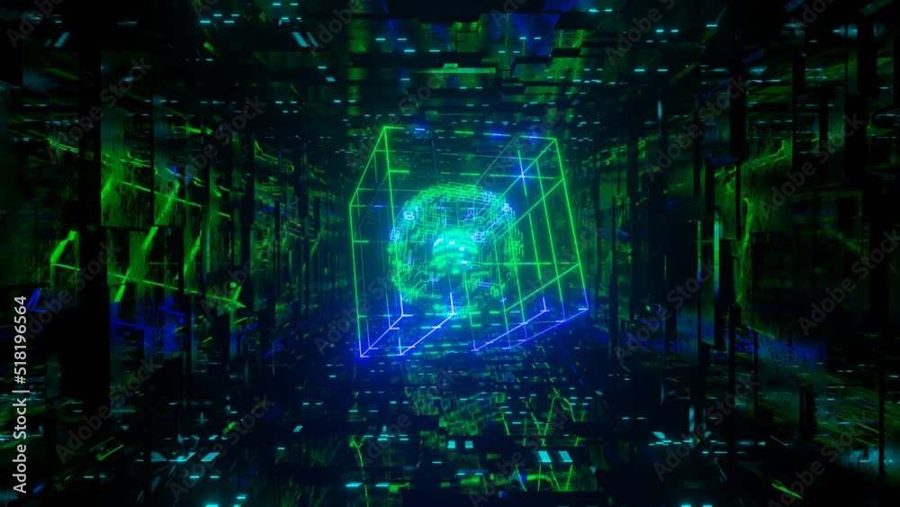 3d object or structure rotates and moves inside glass mirror tunnel with neon light, bright reflections. Fantastic abstract bg looped in 4k. Vj for show. Sci fi bg fly through hi tech tunnel. Cube 3d object or structure rotates and moves inside glass mirror tunnel with neon light, bright reflections. Fantastic abstract bg looped in 4k. Vj for show. Sci fi bg fly through hi tech tunnel. Cube