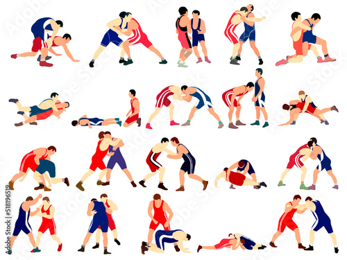 A set of athletes wrestlers in the fight  duel  fight. Greco Roman  freestyle  classical wrestling.