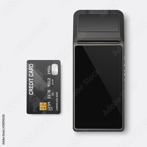Vector 3d NFC Payment Machine and Black Plastic Credit Card Isolated. Wi-fi, Wireless Payment. POS Terminal, Machine Design Template, Bank Payment Contactless Terminal, Mockup. Top VIew
