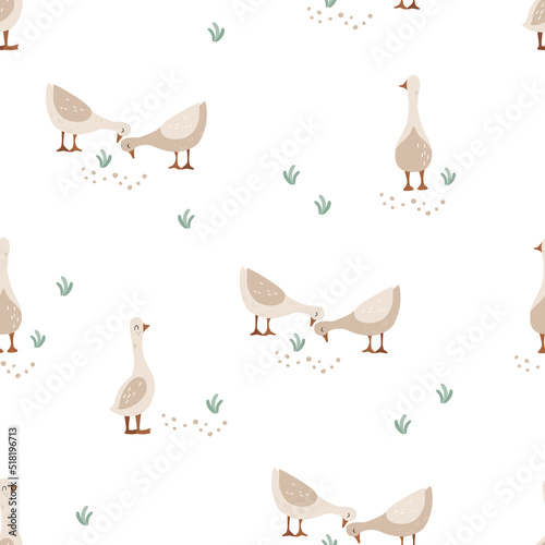 Geese peck grass - kids seamless pattern on white background.  Childish printable design for textile  paper  package