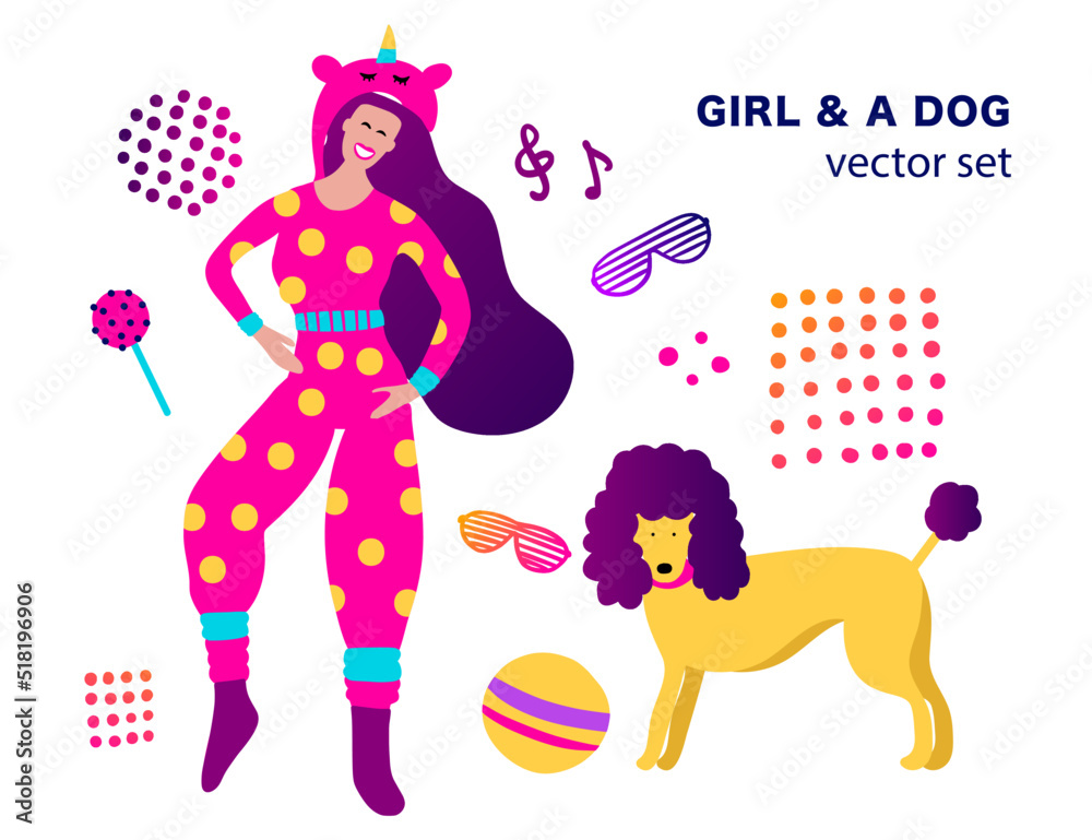 Fototapeta premium 80's style funky girl and puppy dog home pajama party clip art vector collection