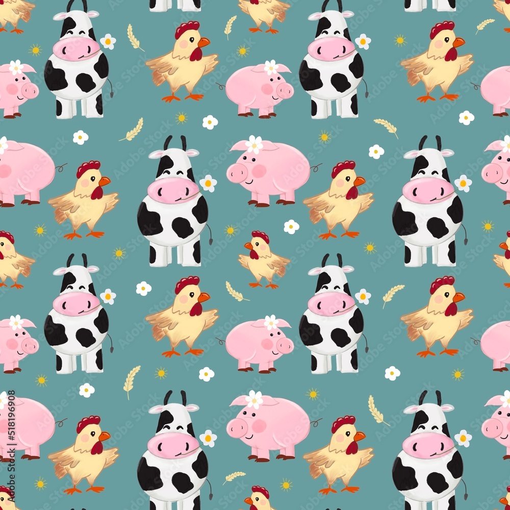 Cute seamless pattern with cows, pigs and chicken on grey background