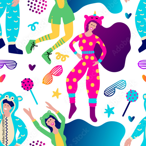 Funky girl funny pajama home music party seamless vector pattern. Cartoon costume character