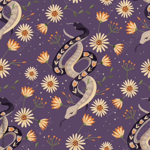 Snake daisy flower vintage celestial seamless vector pattern. Floral magic background