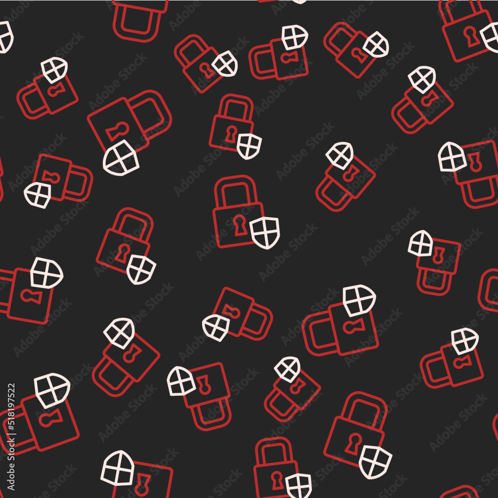 Line Shield security with lock icon isolated seamless pattern on black background. Protection, safety, password security. Firewall access privacy sign. Vector Line Shield security with lock icon isolated seamless pattern on black background. Protection, safety, password security. Firewall access privacy sign. Vector
