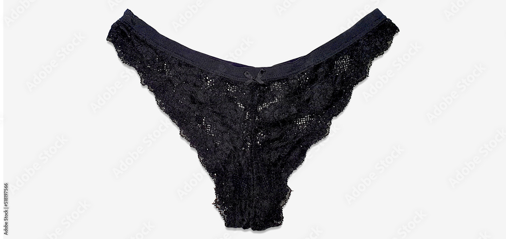 Black female sexy lace panties isolated on white. Elegant chic luxury thong close-up. Fashion underwear - obrazy, fototapety, plakaty 