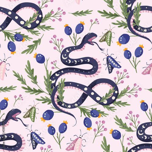 Snake moth and berry vintage celestial seamless vector pattern. Floral magic background