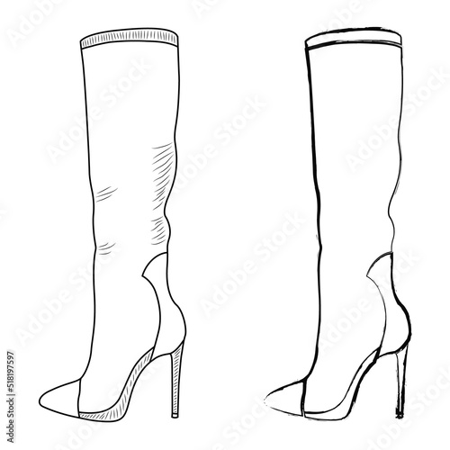 Drawing sketch outline of the silhouette of women's shoes, boots, ankle boots. Line style and brush strokes