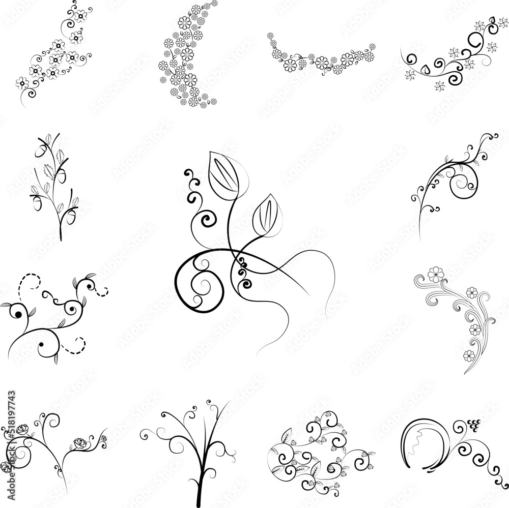 decorative flowers, hand draw icon in a collection with other items