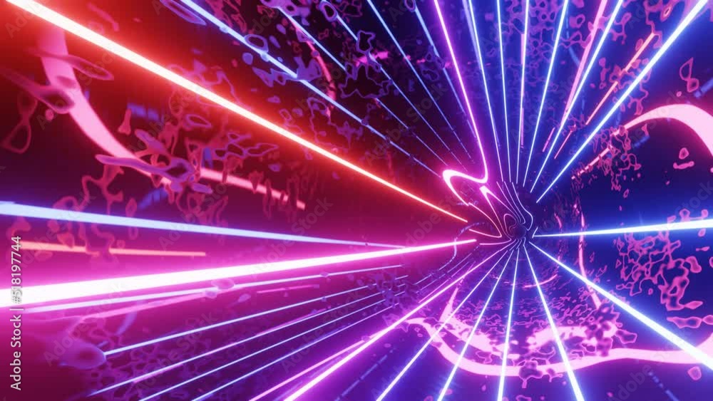 Hi-tech neon sci-fi tunel. Trendy neon glow lines form pattern and construction in mirror tunnel. Curled glow lines. Fly through technology cyberspace. 3d looped seamless 4k bright youth background.