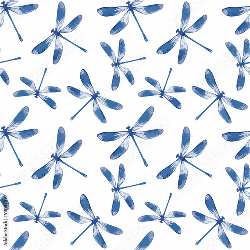 Watercolor vector illustration of seamless pattern with dragonflies