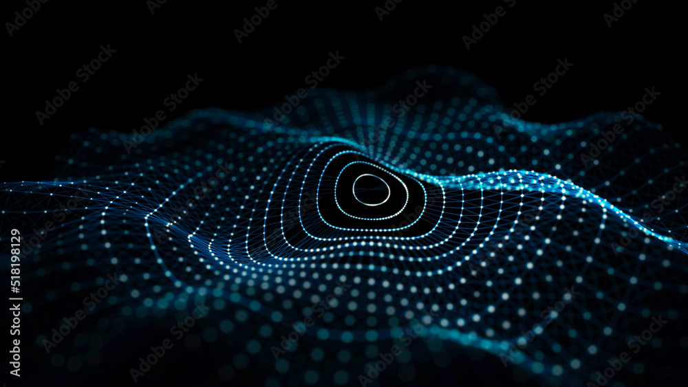 Futuristic dark background. The wave effect of a web of blue lines. Big data. Illustration of technologies and artificial intelligence. The effect of particle oscillation. 3D rendering. Futuristic dark background. The wave effect of a web of blue lines. Big data. Illustration of technologies and artificial intelligence. The effect of particle oscillation. 3D rendering.