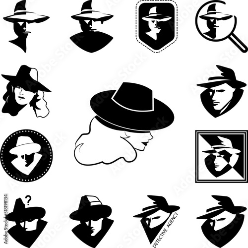detective woman black and white icon in a collection with other items