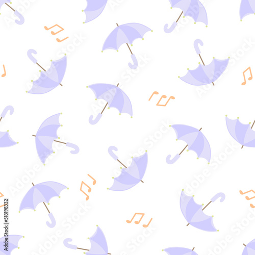 Seamless pattern with umbrellas and notes. Image in a cute flat style on a white background.