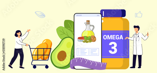 Online pharmacy flat vector illustration Drugstore vitamins and supplements online Home delivery pharmacy service Medical supplies and pills Omega 3 fat  Natural organic nourishment Food supplement