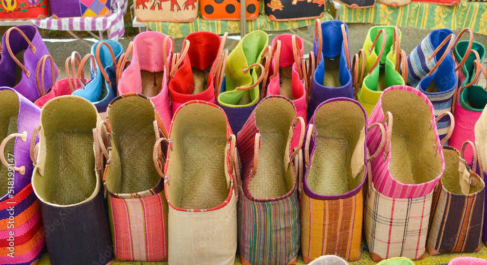 Obraz premium Colorful straw bags at a market in Provence,France Souvenirs