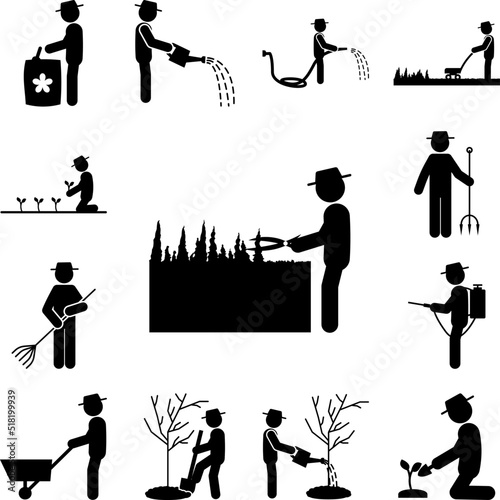 man shearing of shrubs icon in a collection with other items