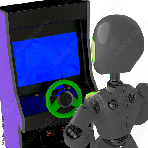 robot gir lwith a retro arcade videogame cabinet driving in white background close up view photo