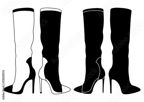 Set of outline black and white silhouette of women's shoes, boots, ankle boots. Women's shoe model. Flat style.