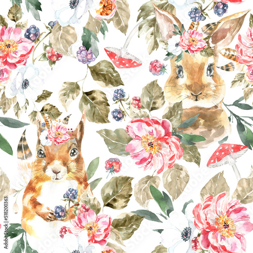 Watercolor Vintage Bunny, squirrel white seamless pattern illustration. Woodland animals nursery cute forest animals and plants. Retro botanical pattern for kids wallpaper,fashion print,digital paper