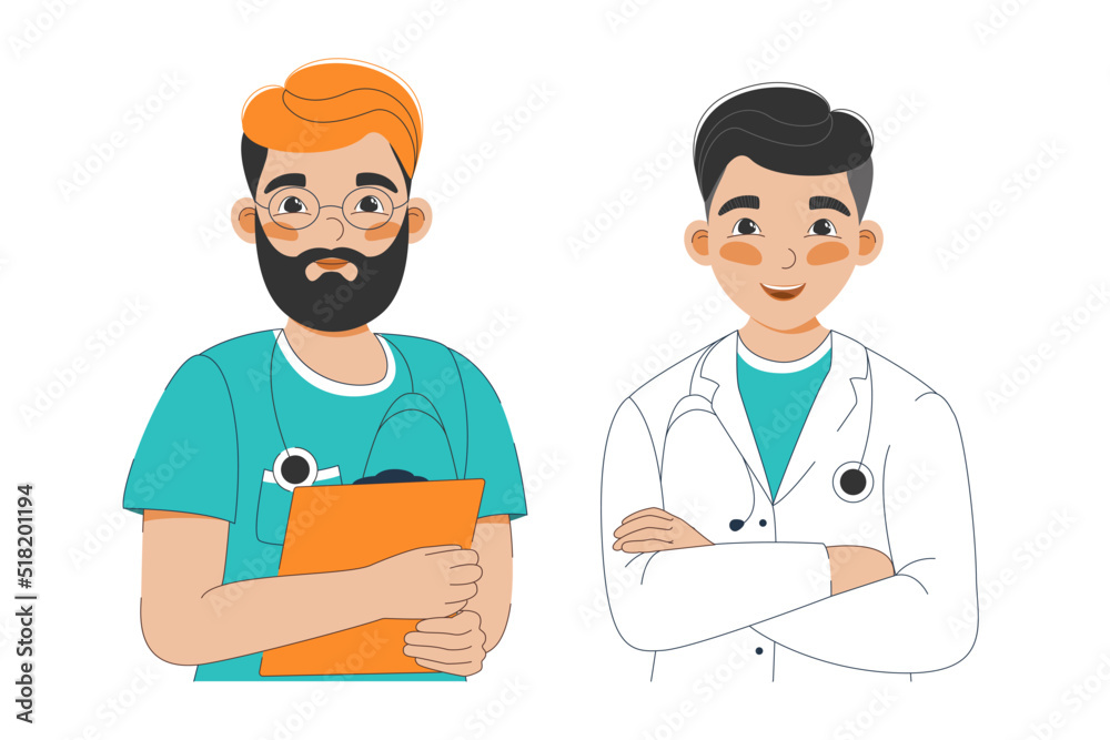Doctors set, Doctor and intern, doctor and nurse, doctor and nurse working together, vector illustration with doctors Doctors set, Doctor and intern, doctor and nurse, doctor and nurse working together, vector illustration with doctors