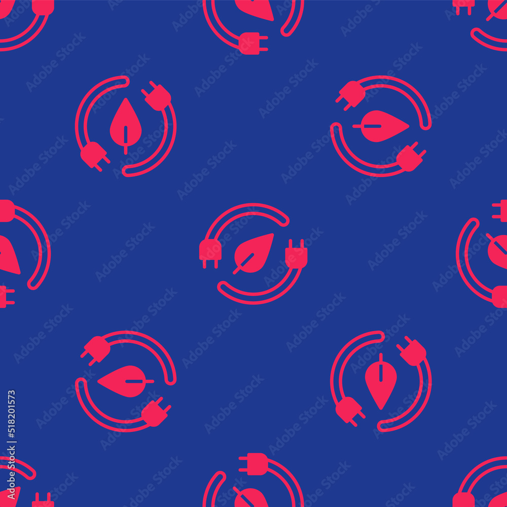 Red Electric saving plug in leaf icon isolated seamless pattern on blue background. Save energy electricity. Environmental protection. Bio energy. Vector