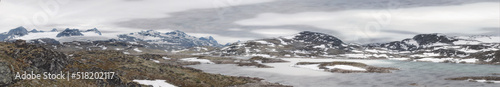 Panoramic View of Hardangervidda Norway, the roof of Norway, glaciers, and snow-covered. Edited to create an illustration from a photo. 
