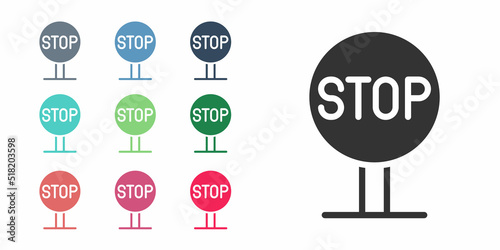 Black Stop sign icon isolated on white background. Traffic regulatory warning stop symbol. Set icons colorful. Vector
